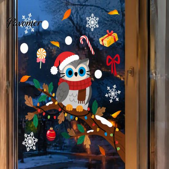 Winter Snowflakes Candy Decor Cute Christmas Owl Window Sticker, Snowy Branch Glass Decal, Waterproof Self Adhesive Seasonal Wall Art Xmas for Holiday