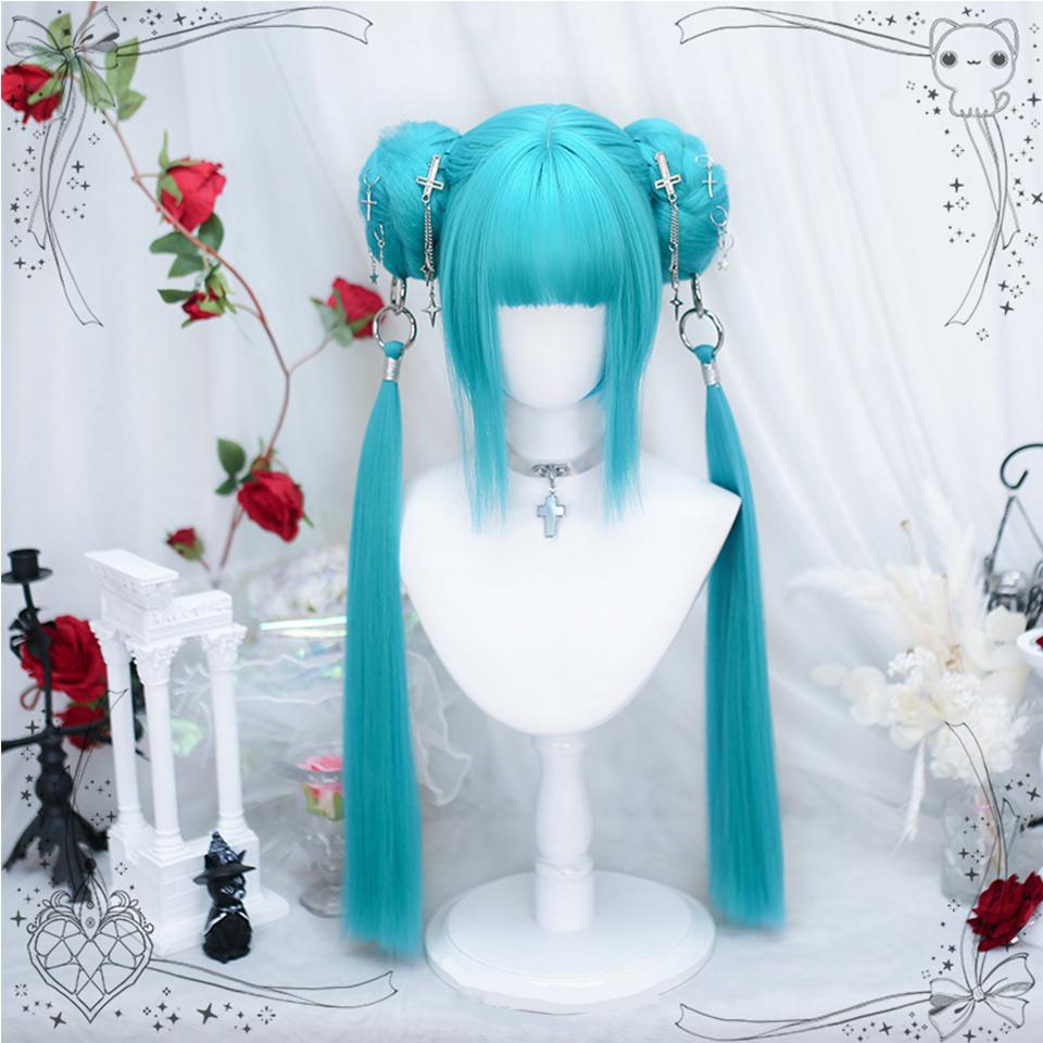 DIY Anime Synthetic Short Straight Green Wig Double Hair Loop Double Braid Ponytail Natural Short Straight Head Cover Wig For Women