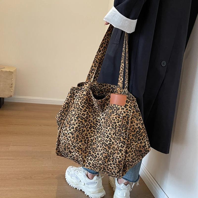 Oversized Leopard Prints Shoulder Bags For Women Deformable Canvas Large Capacity Shopping Totes 2024 Winter New Luxury Handbags