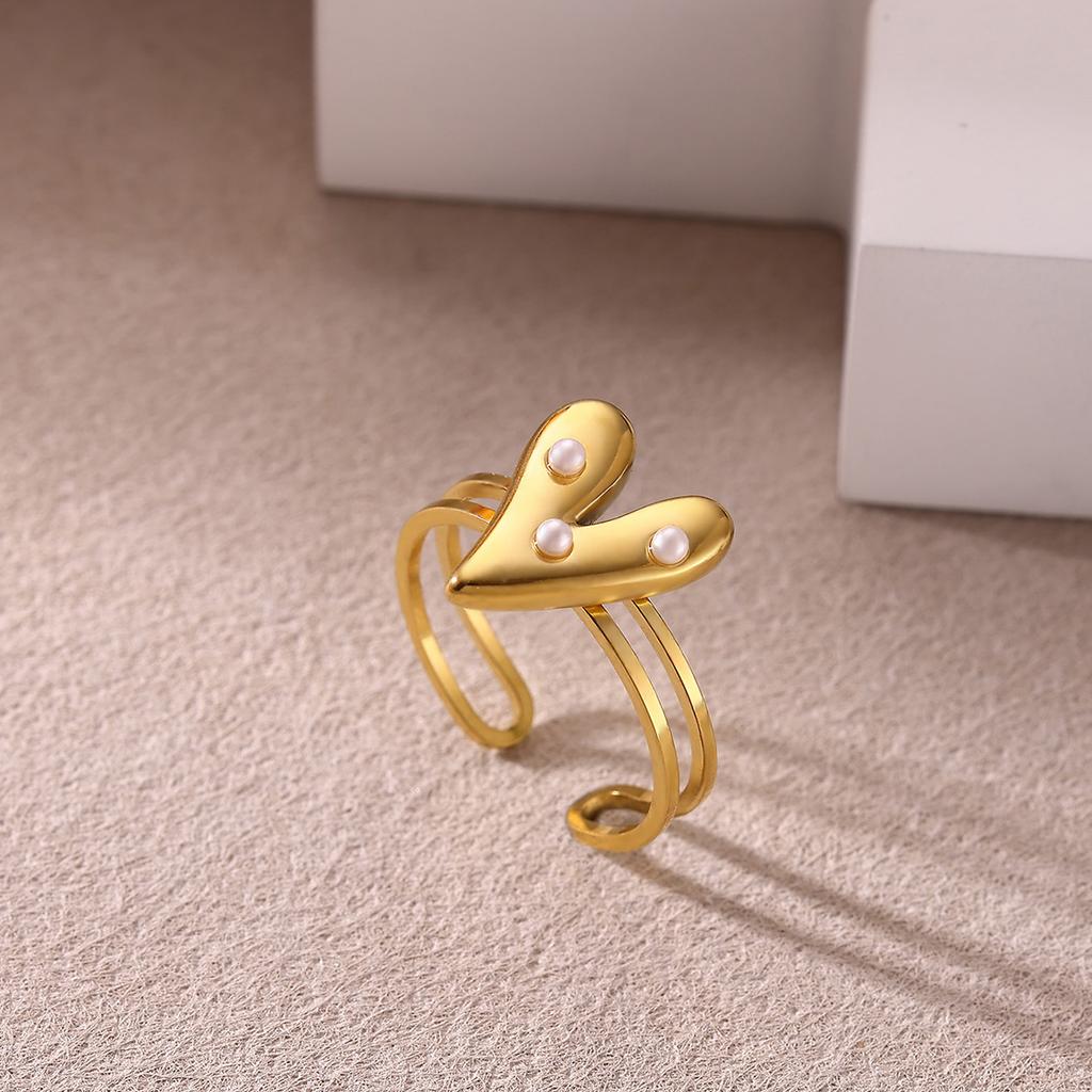 Doppellagige Breitring aus Edelstahl für Damen, Goldfarbe, Geometrisches Herz, Imitation Perle, Zirkonring Schmuck Party
