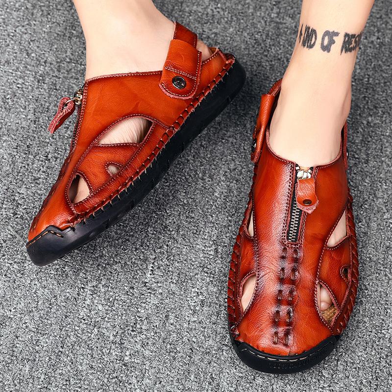 Men Outdoor Hiking Sandals Brown Leather Closed Toe Blue Beach Shoes Walking Handmade Sandals Plus Size