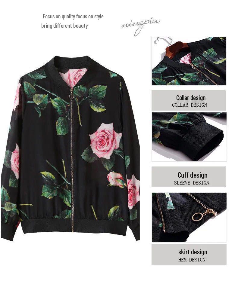 Women's Plus Size Chiffon Printed Baseball Jacket - Summer 2026 Style, Lightweight, Age-Reducing, Sun Protection Short Coat