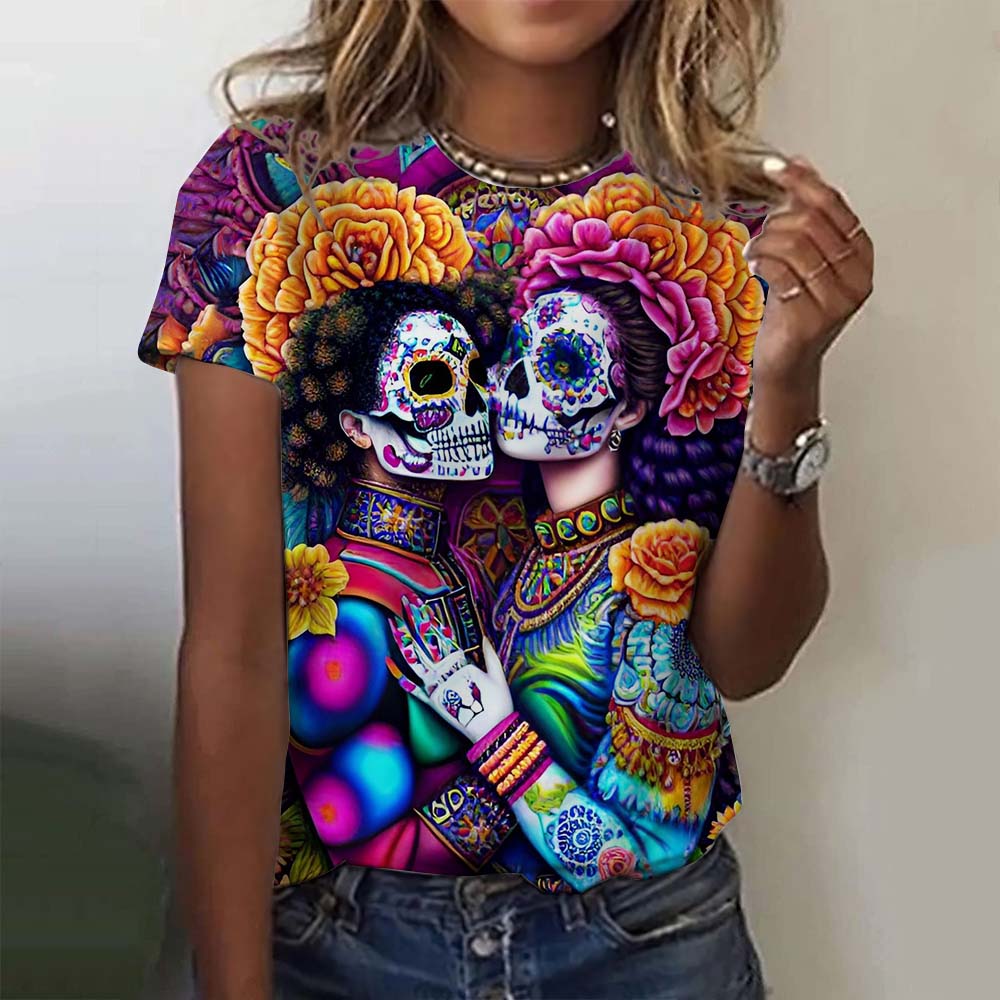 Fashion Women's T-shirt for Girls Summer Short Sleeve Casual Sexy Girls Clothes Horror Undead Skull Pattern Oversized T-shirts
