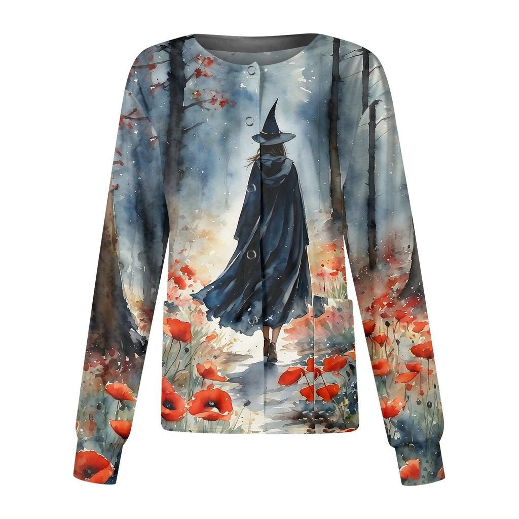 Women's Halloween Printed Long Sleeve Single Breasted Cardigan Top for Costume Party