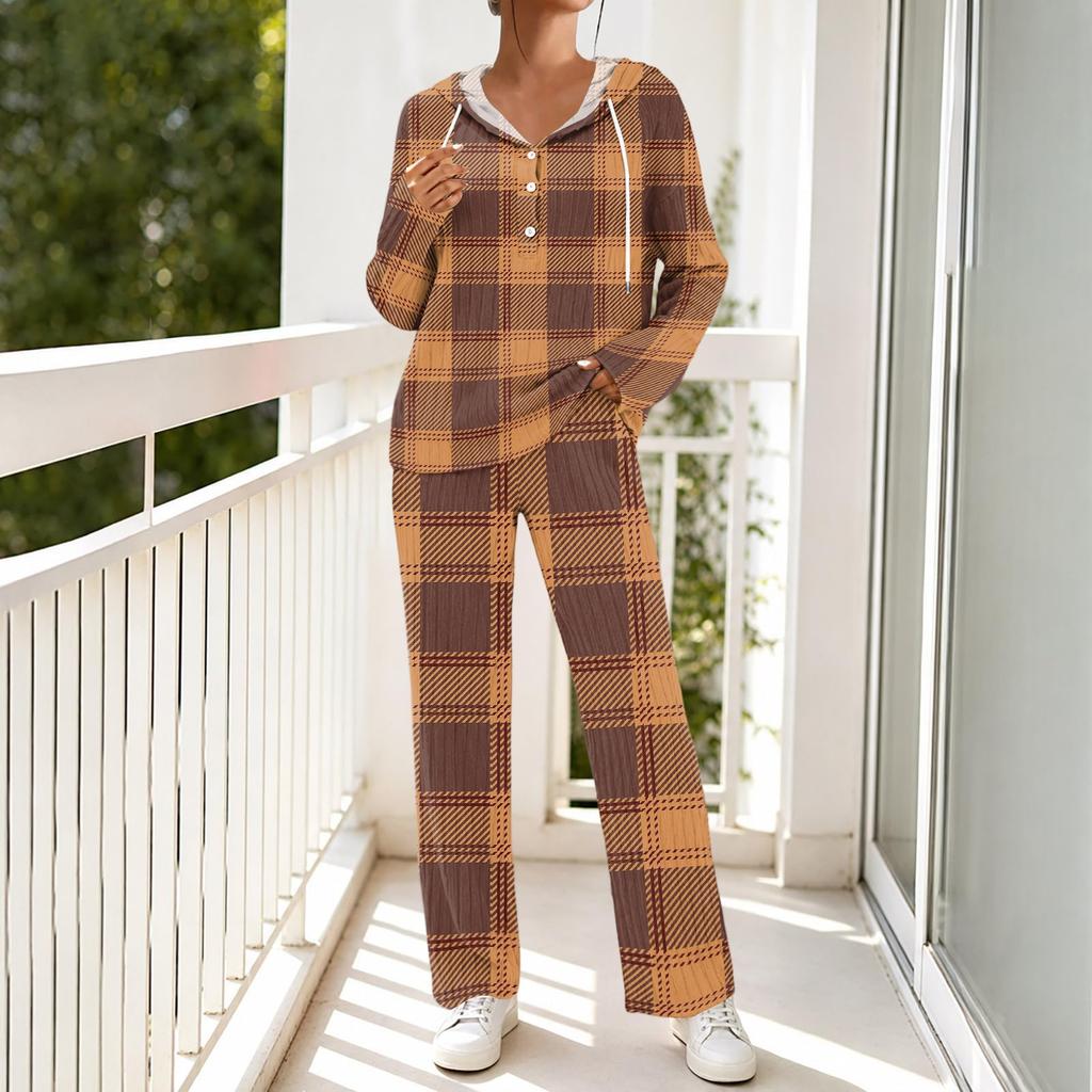 Women's V-Neck Printed Long Sleeve Hoodie Loungewear Set with Pockets - Loose Fit 2 Piece Casual Sleepwear Pajama Set for Home
