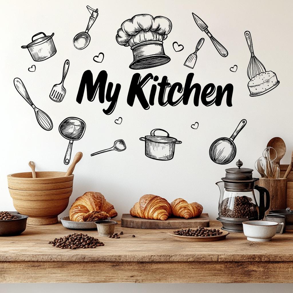 1 Piece Creative Kitchen Utensils Pattern Self-Adhesive Wall Sticker PVC Waterproof Home Decor Art for Kitchen Dining Room