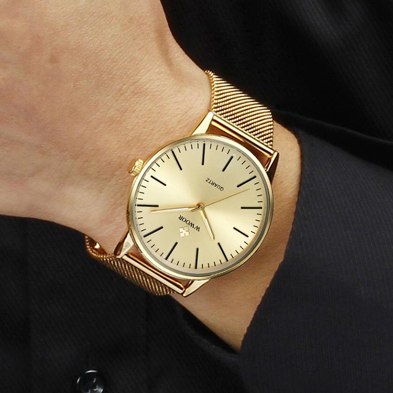 WWOOR Gold Watches Ultra Thin Simple Men Quartz Watches Waterproof Mesh Belt Full Stainless Steel Wristwatch