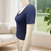 Women Tops Slim Fit Square Neck Rib Knitted Shirt Pure Color Short Sleeve Lace Splicing Stretchy Tops with Buttons Detail Daily Wear