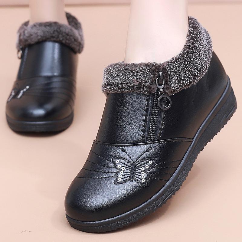 Elderly Cotton Shoes Shoes Velvet Winter Flat-bottomed Non-slip Low-top Leather Shoes Middle-aged Women's Winter Shoes