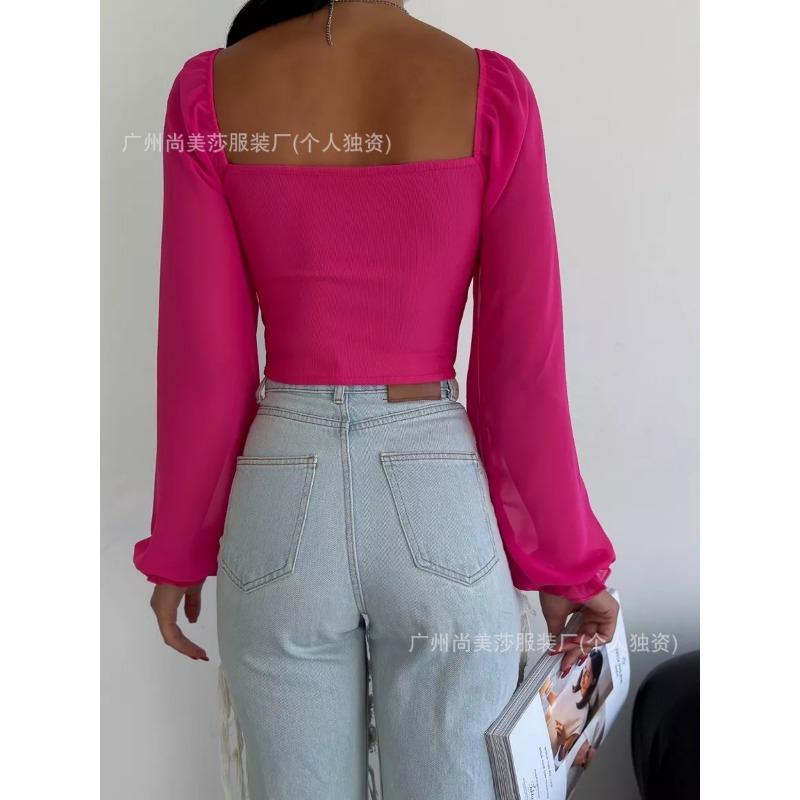 Women Off Shoulder Corset Top Long Sheer Mesh Sleeve Zip Front Blouse