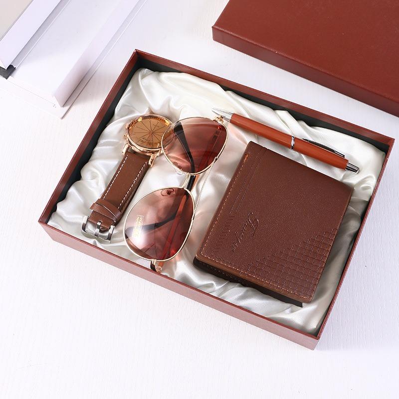 Premium Men's Souvenir Gift Set Custom Logo Leather Wallet Belt Watch Sunglasses 4-Piece Valentine Birthday Luxury Box