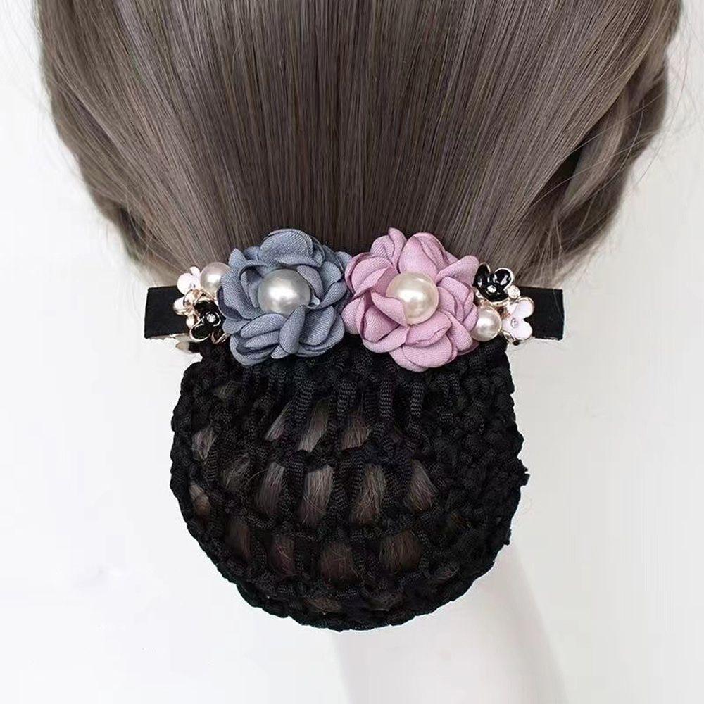 Pearl for Stewardess Nurse Flower Hairnet Women Spring Clip Mesh Snood Korean Style Headwear