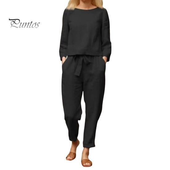 

2 шт./комплект женский топ брюки комплект круглый вырез длинный рукав блузка винтажные эластичный пояс брюки повседневный досуг свободный наряд S чёрный