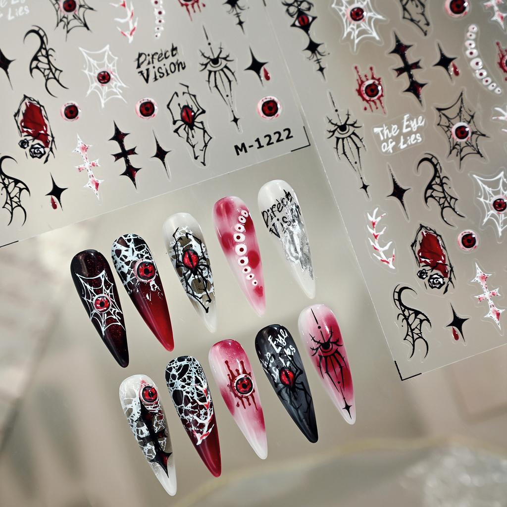 Dark Blood-Colored Spider Demon Eye Nail Stickers Gothic Red and Black Thorn Cross Cobweb Grunge Self-Adhesive Nail Decals