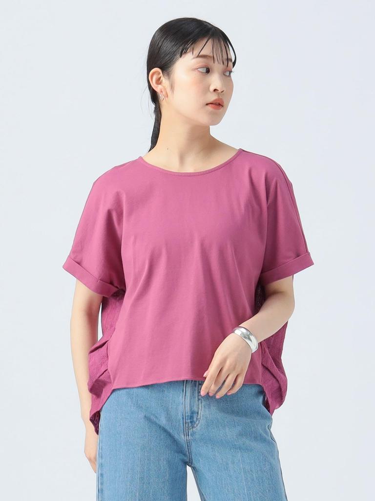 Beams Heart Back Mixed Material Crew Neck One Size S/S Tee, Tuck, Pullover, Women's, Berry,