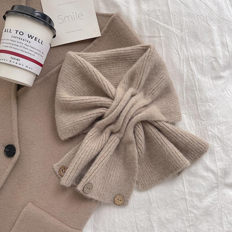 Small Scarf Short Women's Autumn and Winter Cross Knitted Scarf Korean Style Color Matching Scarf Winter Warm Button Neck Gaiter