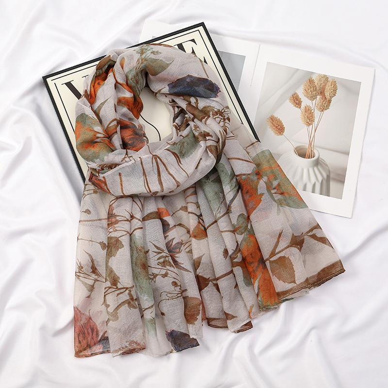Winter Retro Branch Floral Viscose Shawl Scarf Lady Print Voile Thin Pashmina Hijab and Wraps Foulard Muslim Sjaal 180*85Cm
