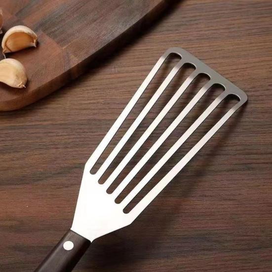 Stainless Steel Slotted Spatula with Wooden Handle Heavy-Duty Turner for Steak Fish BBQ Heat-Resistant Rust-Proof Essential Kitchen Tool for Flipping