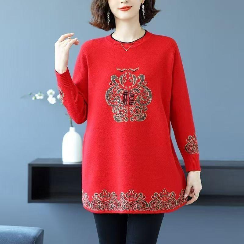 Fall Winter Women's Thick Crew Neck Wool Sweater Loose Rhinestone Embroidered Plus-size Sweater Soft Skin-friendly Knitted Stretchy Pullover Top