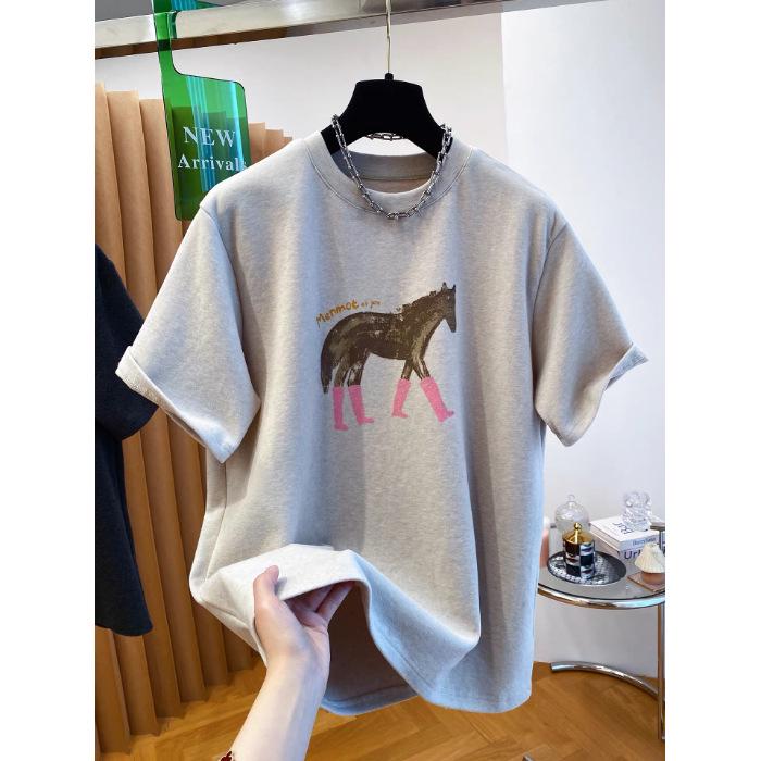 Spring Plus Size Year of the Horse Printed T-shirt - Women's Loose Short Sleeve Top