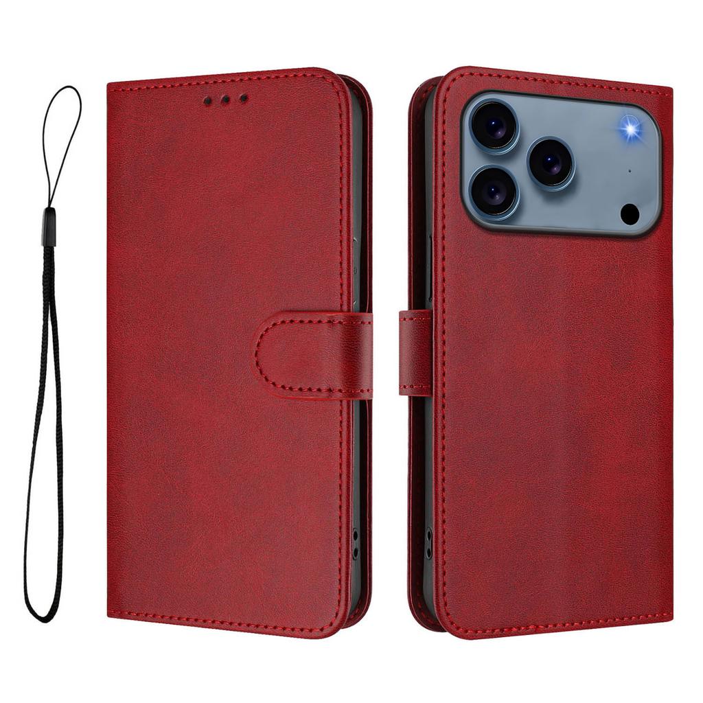 For iPhone 17 Pro Wallet Case RFID Blocking Calf Texture Leather Stand Phone Cover with Strap