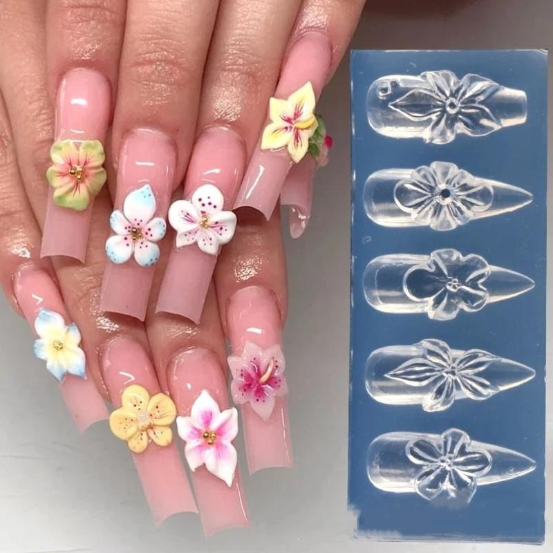 3D Spring Flower Nail Silicone Nail Carving Mold Lily Hibiscus Resin Design Nail Art Print Stencils Diy Manicure Mold Tools