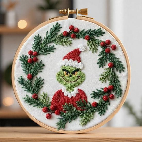 1 Set Christmas Embroidery Kit Adults Beginners Green Hair Elf Wreath Pre-Stamped Cross Stitch Craft Embroidery Starter Kit DIY Enthusiasts Gift