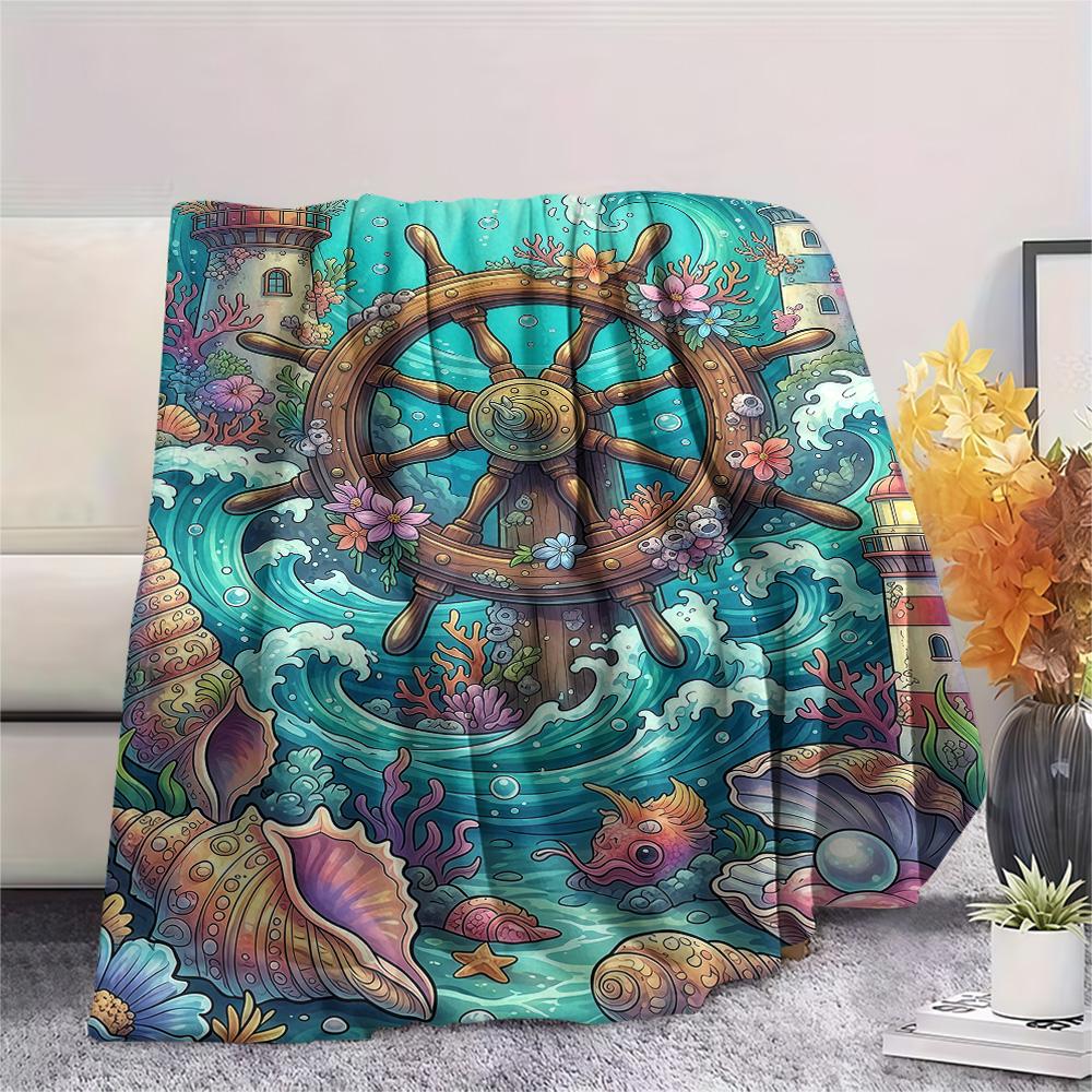 1PC Ships and seashells Print FlAannel Blanket, High quality Comfortable for All Seasons, Home Decor, Warmth and Comfort