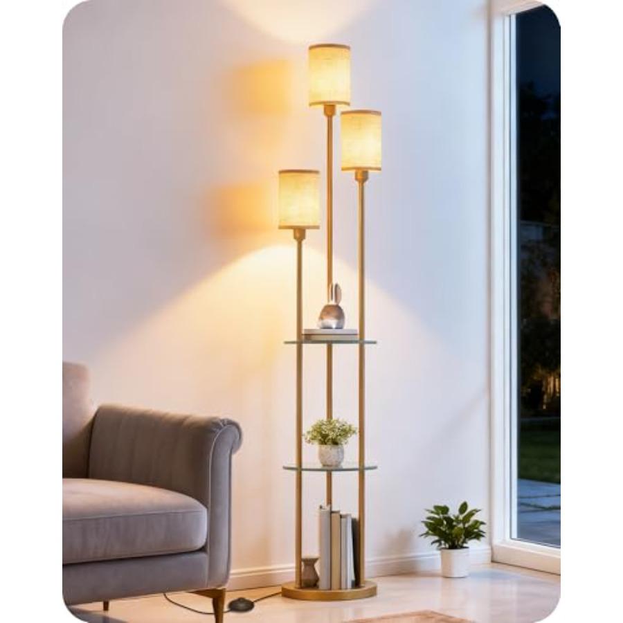 

Modern Floor Lamp with Shelves and 3 Linen Shades in Gold and Beige 3-Light Standing Lamp with Foot Switch for Living Room Bedr