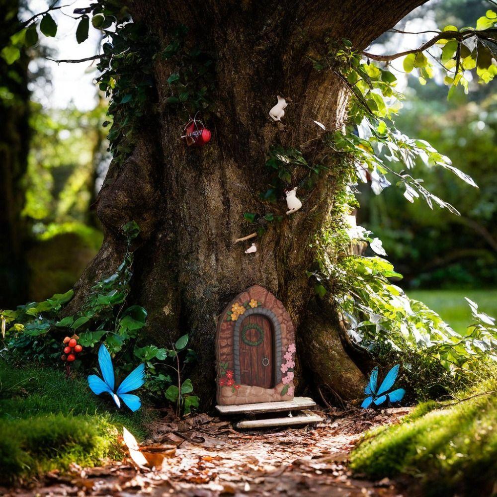 Figurines Fairys Door Outdoor Garden Ornament Yard Art Fairy Garden Door Miniature Fairy Gnome Multicolor Wooden Fairy Gate