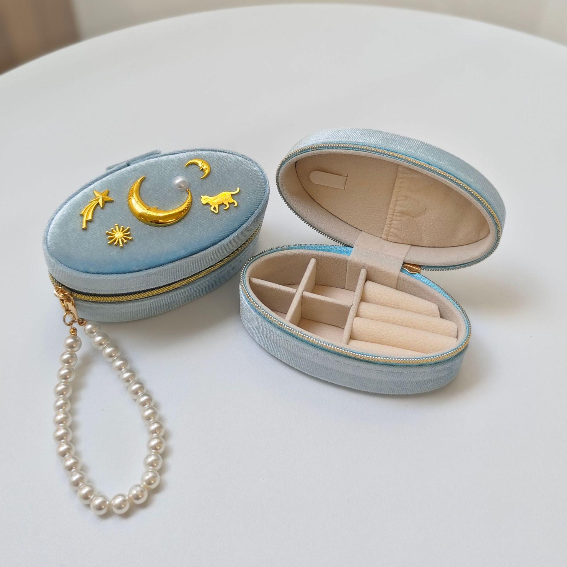 

Travel Portable Jewelry Box Retro Velvet Jewelry Storage Retro Oval Jewelry Box Velvet For Luggage Gift Ring Organizer светло-синий