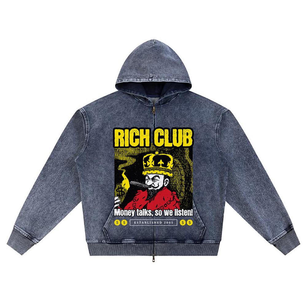 

DTG print Knitted Denim Zip-Up Hoodie Rich Club Brother Print Zipper Hoodies XL