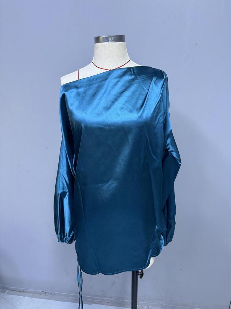Asymmetrical Satin Blouse with Slanted Collar - Women's Spring/Autumn Collection