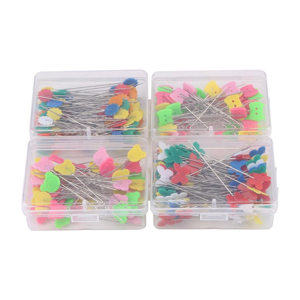 300PCS Colored Head Flower Button Head Pins Flower Shaped Butterfly Shaped Quilting Pins Flat Button Storage Box