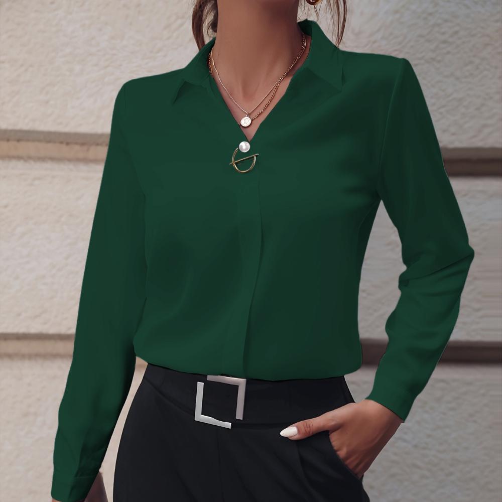 Women's Slim Fit Solid Color Long Sleeve Blouse Elegant Commuter Shirt Office Wear Top