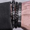 Men's Black Braided Bracelet Set with Double Leopard Heads and Roman Numerals, European & American Retro Style, Stainless Steel.