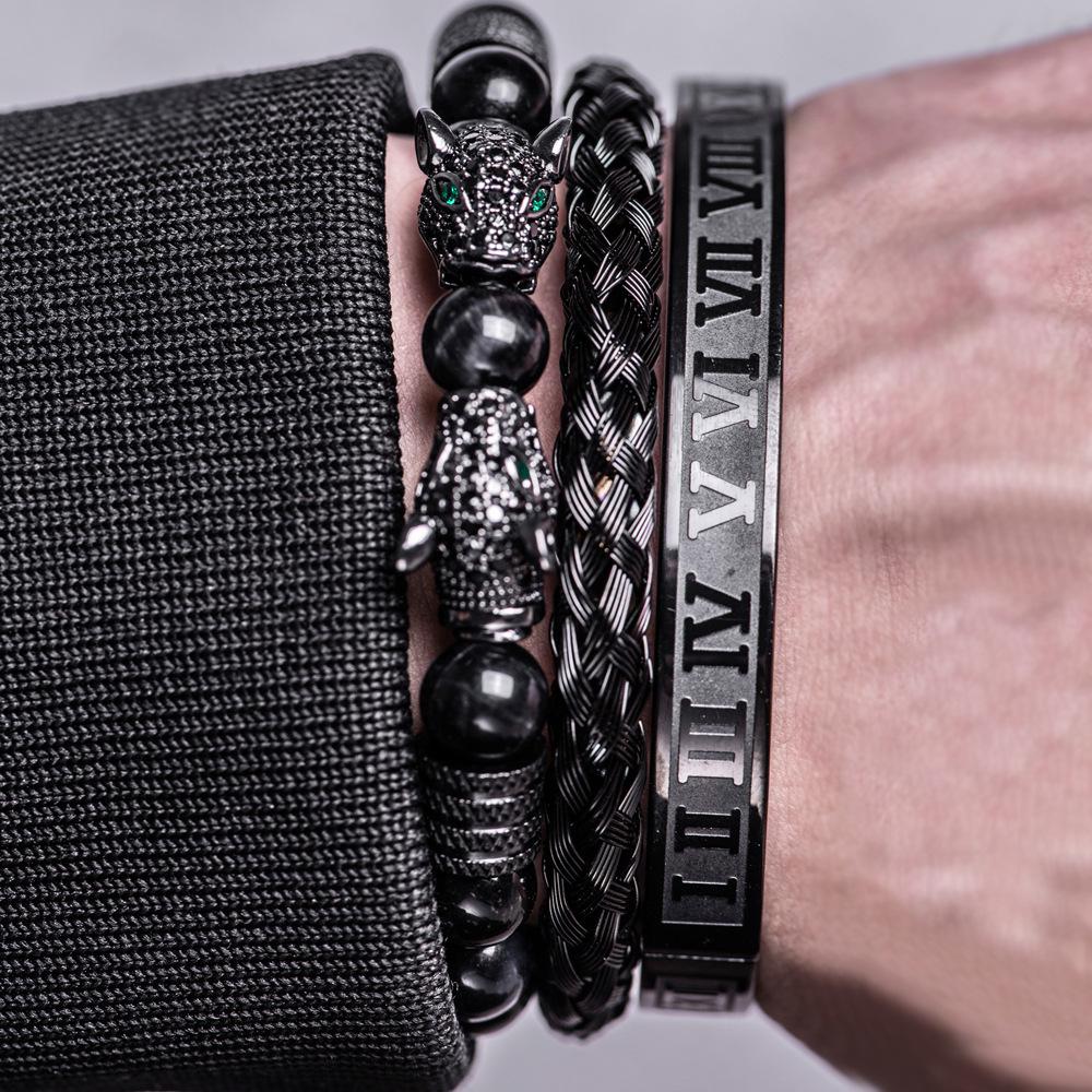 Men's Black Braided Bracelet Set with Double Leopard Heads and Roman Numerals, European & American Retro Style, Stainless Steel.
