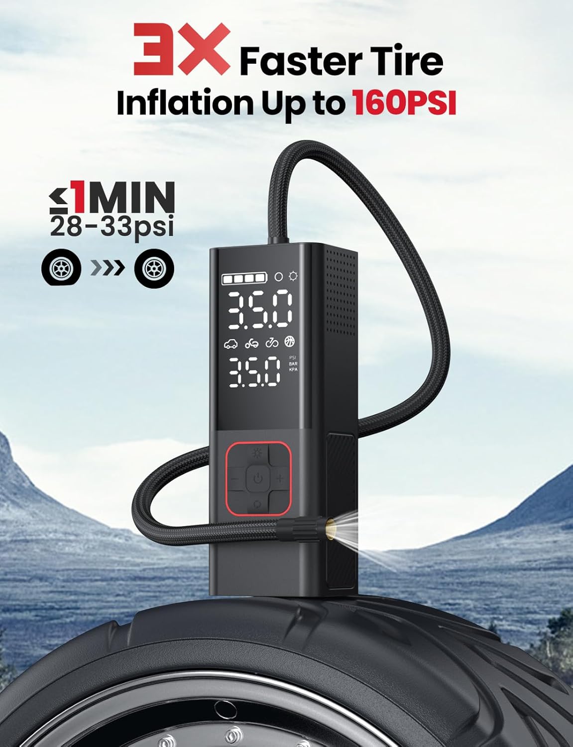

Portable Tire Inflator 20000mAh, 4X Faster Cordless Air Pump for Car, Bike, Motorcycle, Ball with Gauge & Storage Bag Small