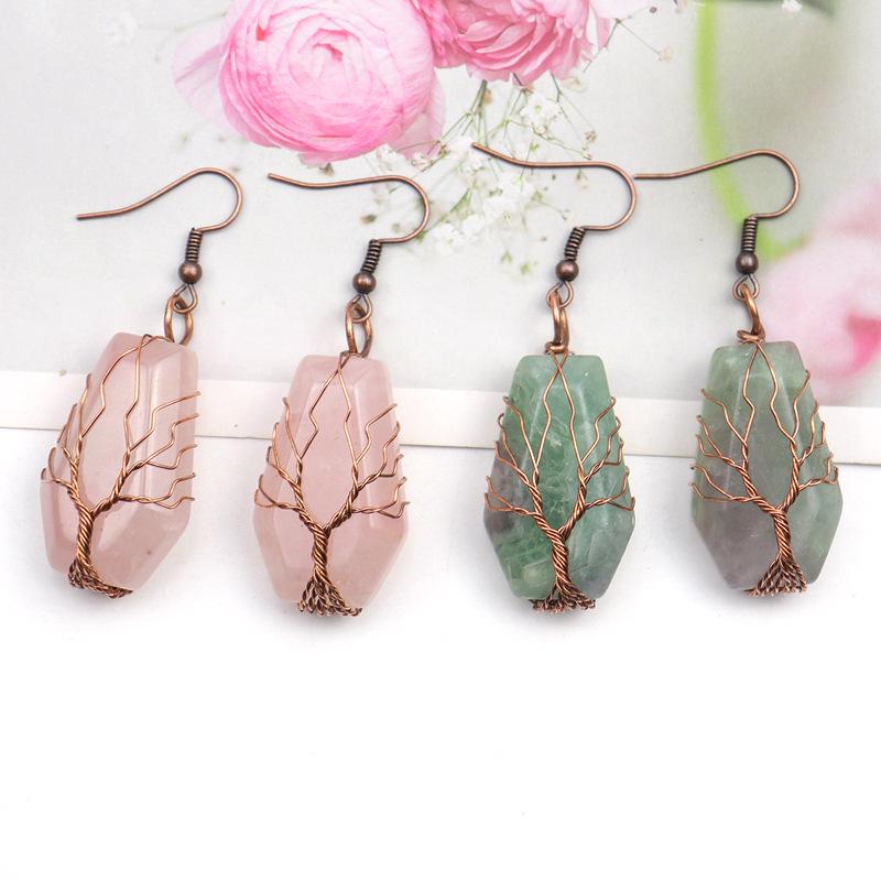 Handmade Agate Coffin Board Tree of Life Earrings - Natural Stone Crystal Dangle for Wealth and Harmony.