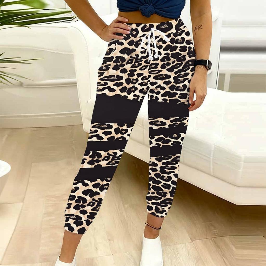 Summer Ladies Leopard Print Printed Sweatpants Loose Fit Drawstring Joggers Elastic Cuff Daily Casual Pants