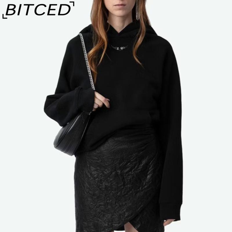 BITCED Women's Autumn/Winter Printed Black Long-Sleeved Hooded Sweatshirt