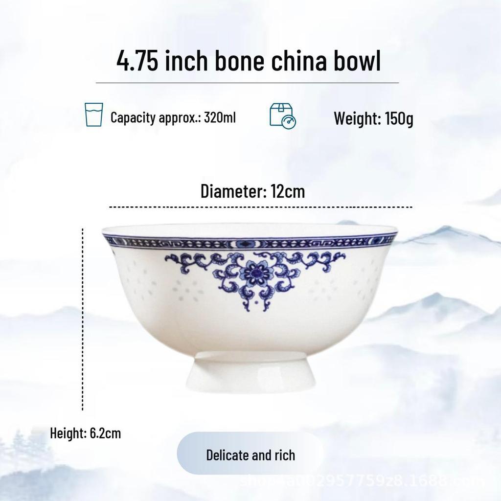 Blue and White High-Foot Bone China Noodle Bowl - Chinese-Style, Anti-Scald, Customizable for Birthdays
