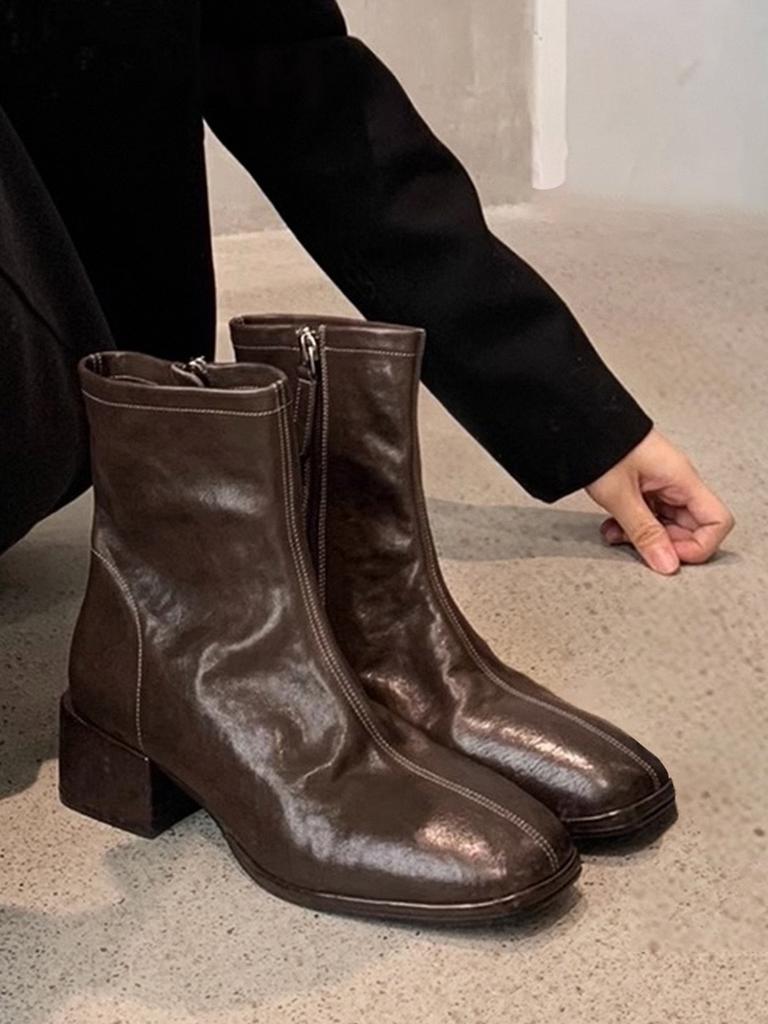 Kurze Stiefel Damen Braun Koreanische Kleine Stiefeletten Martin Stiefel Chelsea Skinny Stiefel Damen Französische Hohe Absätze Herbst und Winter