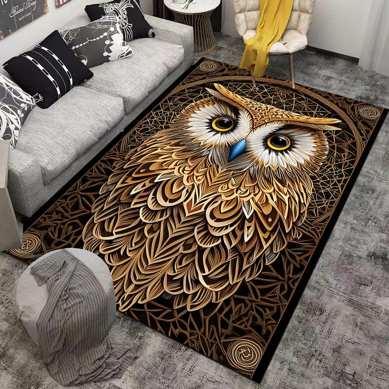Stylish Owl Pattern Carpet with Intricate Design in Earthy Tones. Suitable for use as an anti-slip for living room bedroom sofas