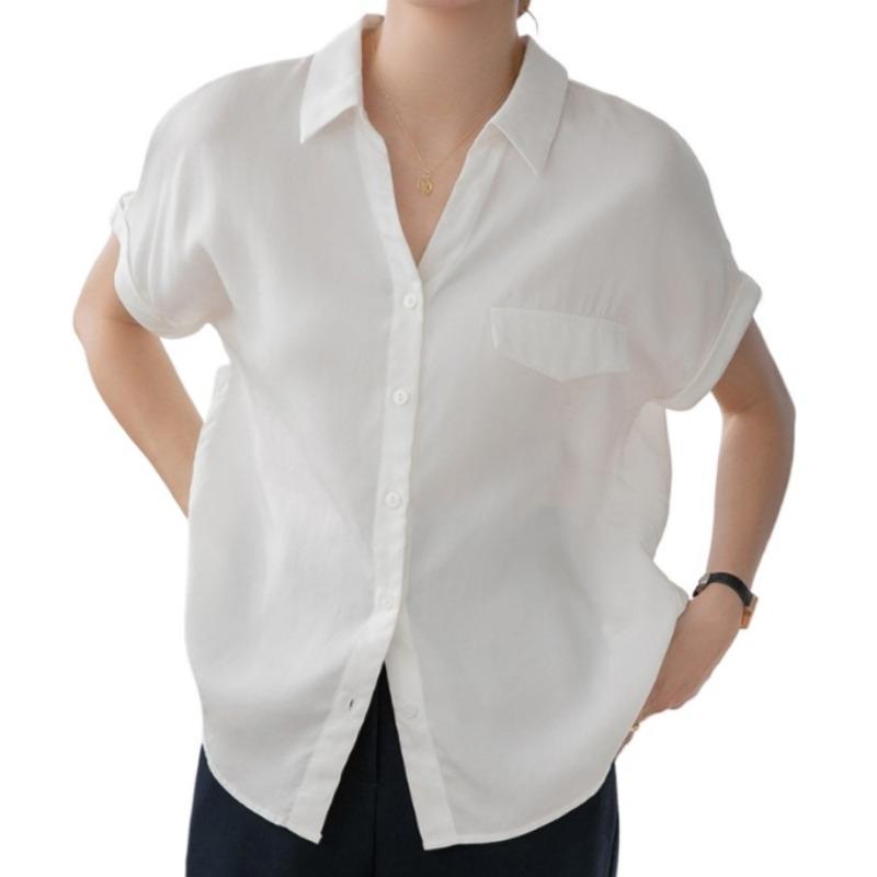 GMXIA Women's Summer White Short Sleeve Shirt Women's Thin Small V-Neck Blouse Loose Draped Career Tops