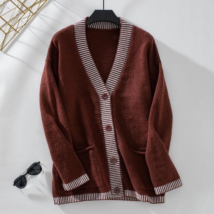 Vintage Autumn Winter Knitwear Cardigan Loose Long Sleeve V Neck Solid Color Sweater Top