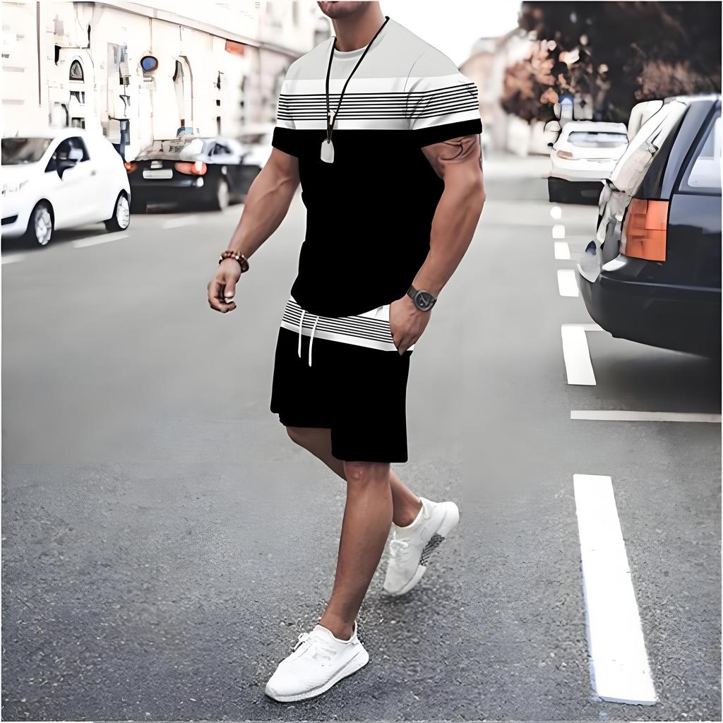Irregular Graphic Print Short Sleeve Top Drawstring Shorts 2-piece Set 2026 Plus Size Loose Men's T-shirt Clothing Pocket Shorts