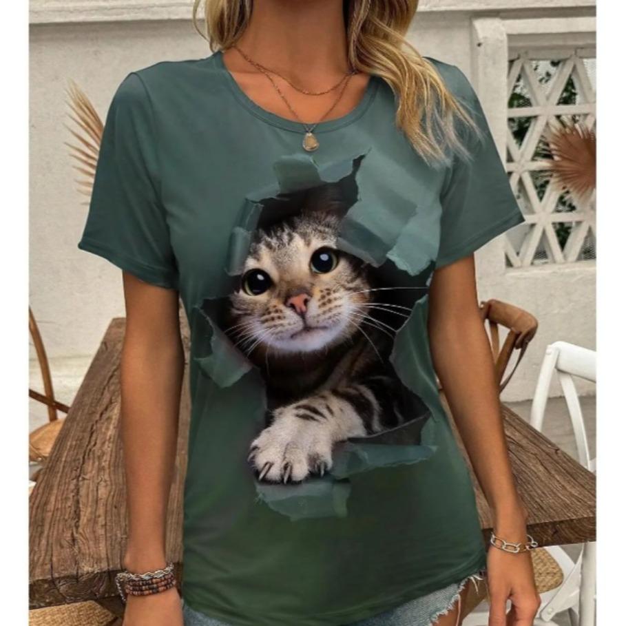 Letní dámské tričko s kulatým výstřihem a 3D potiskem kočky, módní a ležérní, s krátkým rukávem