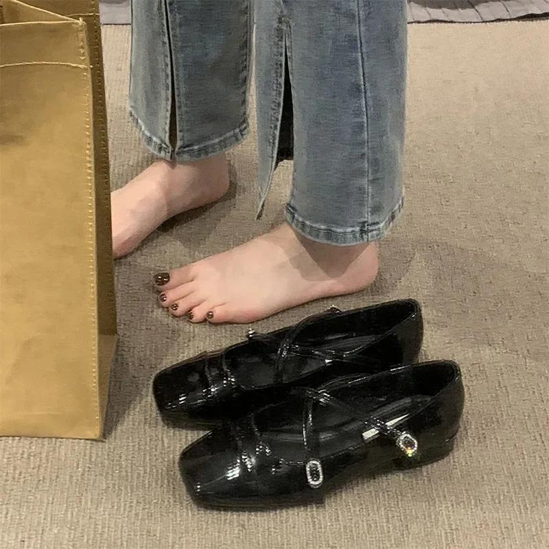 Spring Square Toe Ballet Shoes Fashion Low Heel Mary Jane Shoes Casaul Silver Cross Buckle Shallow Soft Sole Shoes