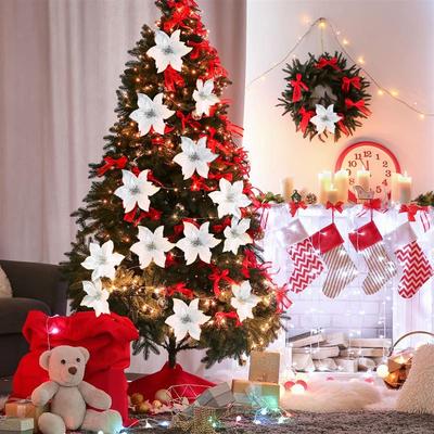 Weihnachtsblumen Weihnachtsstern Künstlicher Baumschmuck Blume Glitzer Künstlich Silber Dekorativ Weiß Hochzeitsornamente Glitzer